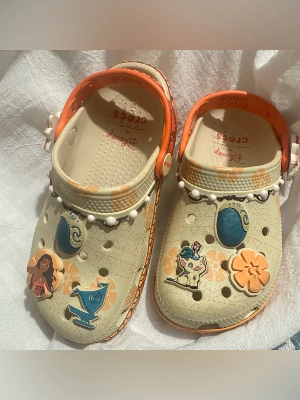 CROCS Kids Beige and Orange Moana Jibbitz Clog Shoes